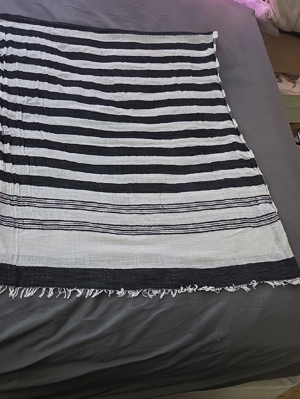75" X 26" Banana Republic Black and White Striped Summer Scarf with Fringe Hem